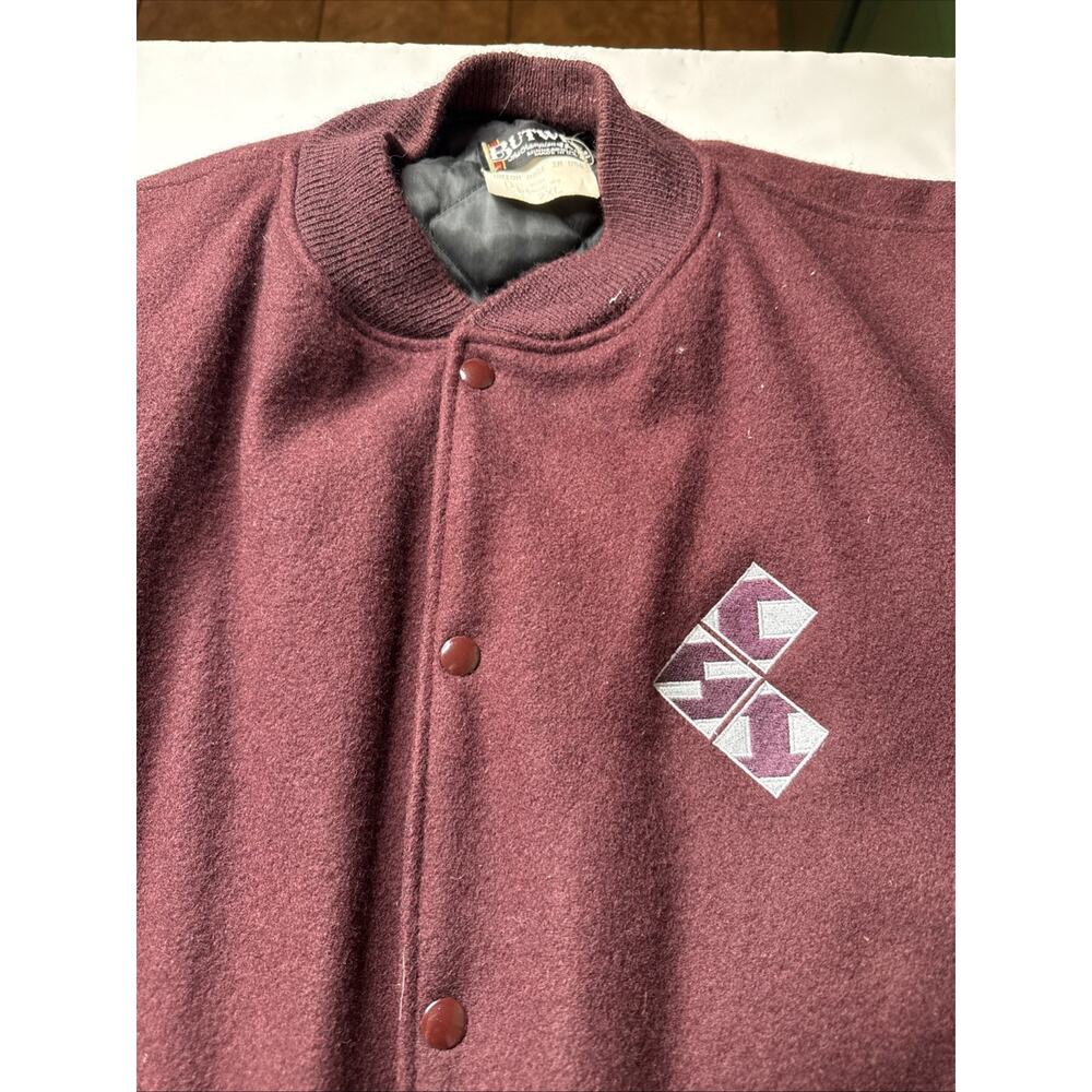 Vtg Butwin Letterman jacket Men Sz 2XL CSI Logo Union Made Usa Snap Maroon Gray